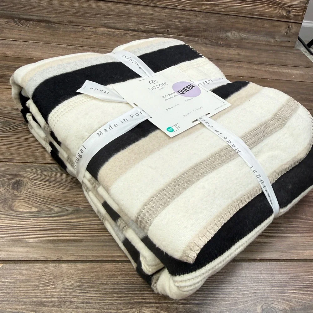 Docofil Queen Size Soft Blanket Cream Tan Black Striped Made in Portugal NEW
